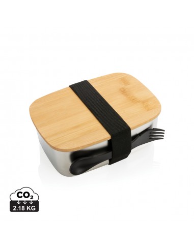Rustfrit stål madkasse med bambuslåg og "spork"
