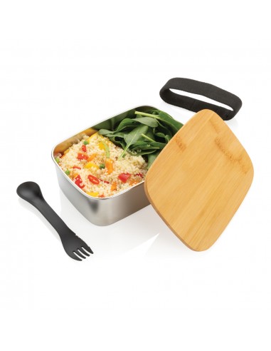 Rustfrit stål madkasse med bambuslåg og "spork"