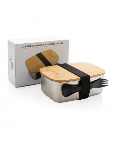 Rustfrit stål madkasse med bambuslåg og "spork"